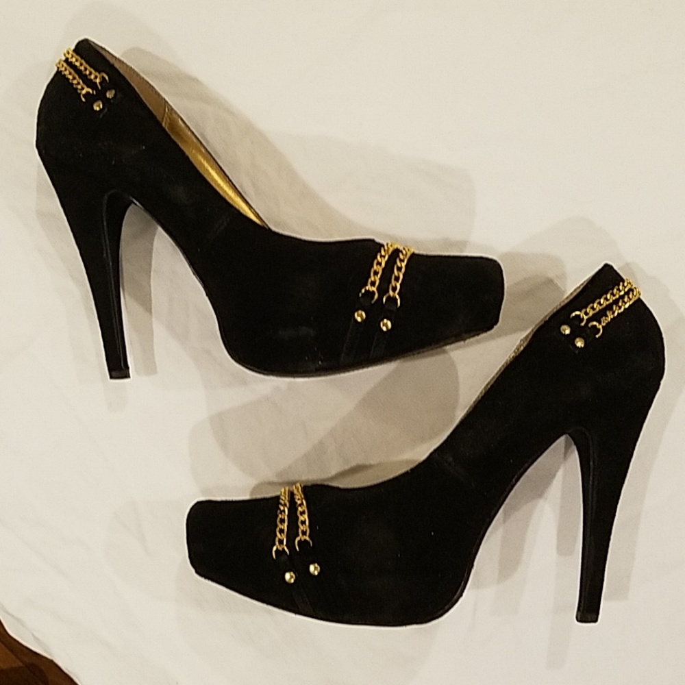 Black suede gold chain heels Shoe dazzle size 10 - Picture 1 of 8